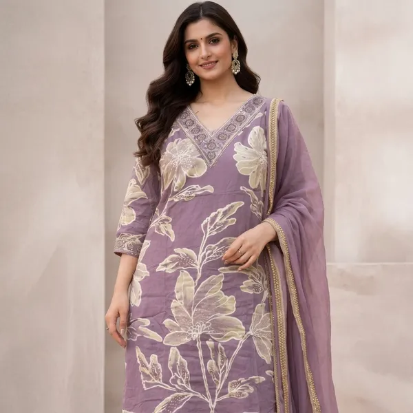 Mauve_Cotton_Floral_Kurti_Set_With_Dupatta_For_Women