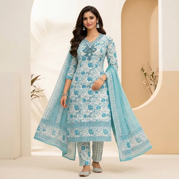 Teal_Cotton_Floral_Straight_Kurti_Set_With_Dupatta_For_Women