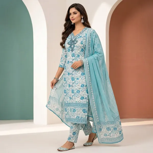 Teal_Cotton_Floral_Straight_Kurti_Set_With_Dupatta_For_Women