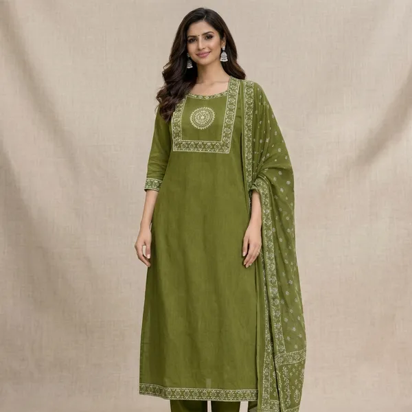 Olive_Green_Cotton_Straight_Kurti_Set_With_Dupatta_For_Women