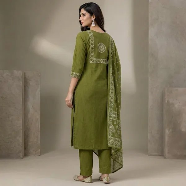 Olive_Green_Cotton_Straight_Kurti_Set_With_Dupatta_For_Women