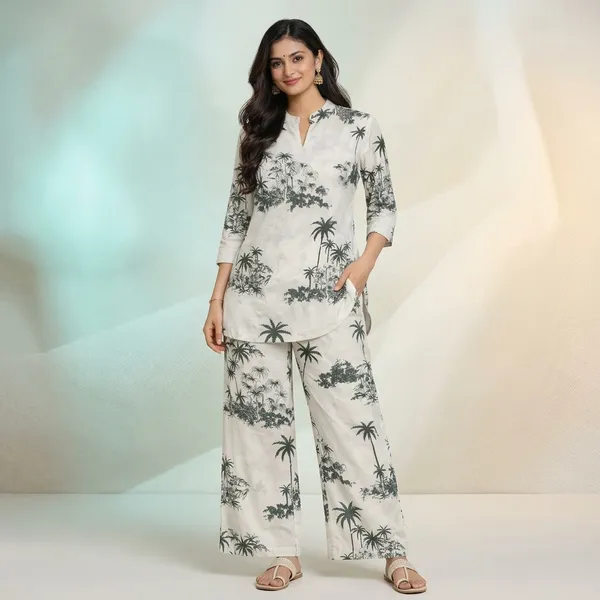 Teal_Rayon_Straight_Palm_Print_Co_Ord_Set_For_Women