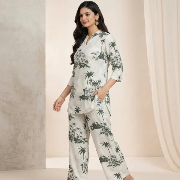 Teal_Rayon_Straight_Palm_Print_Co_Ord_Set_For_Women