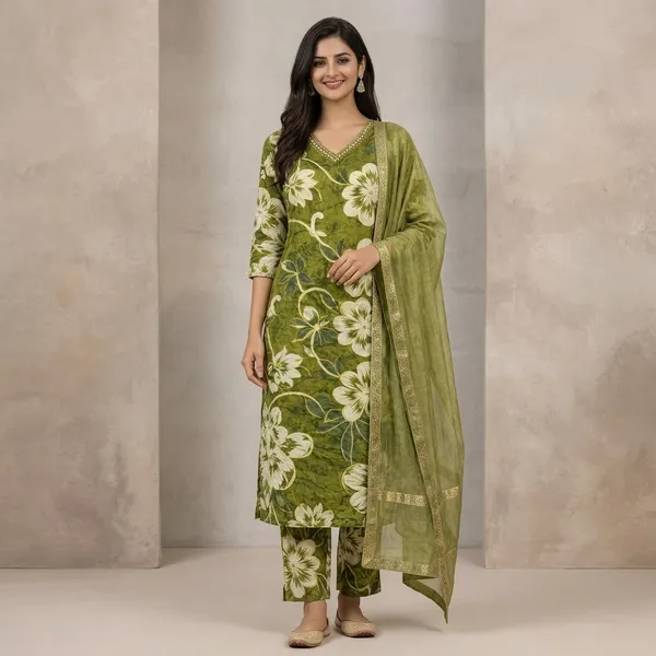Olive_Cotton_Floral_Kurti_Set_With_Dupatta_For_Women