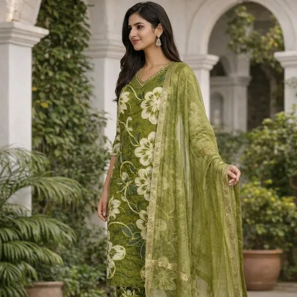 Olive_Cotton_Floral_Kurti_Set_With_Dupatta_For_Women