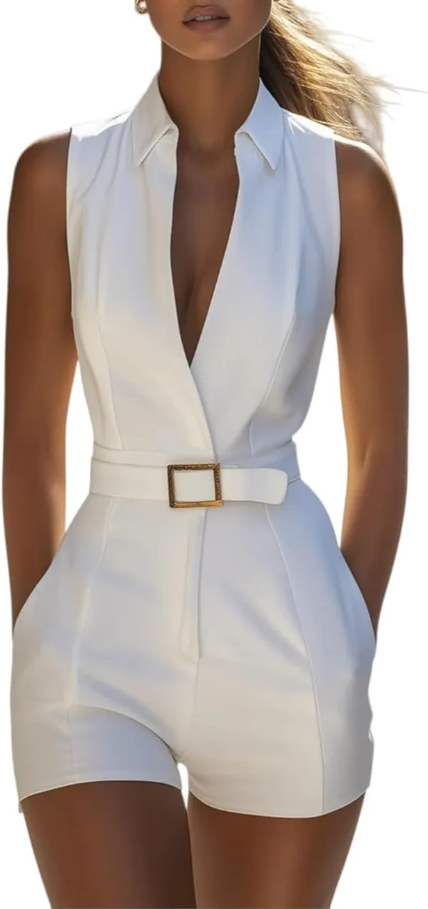 White_Cotton_Collared_Belted_Romper_For_Women