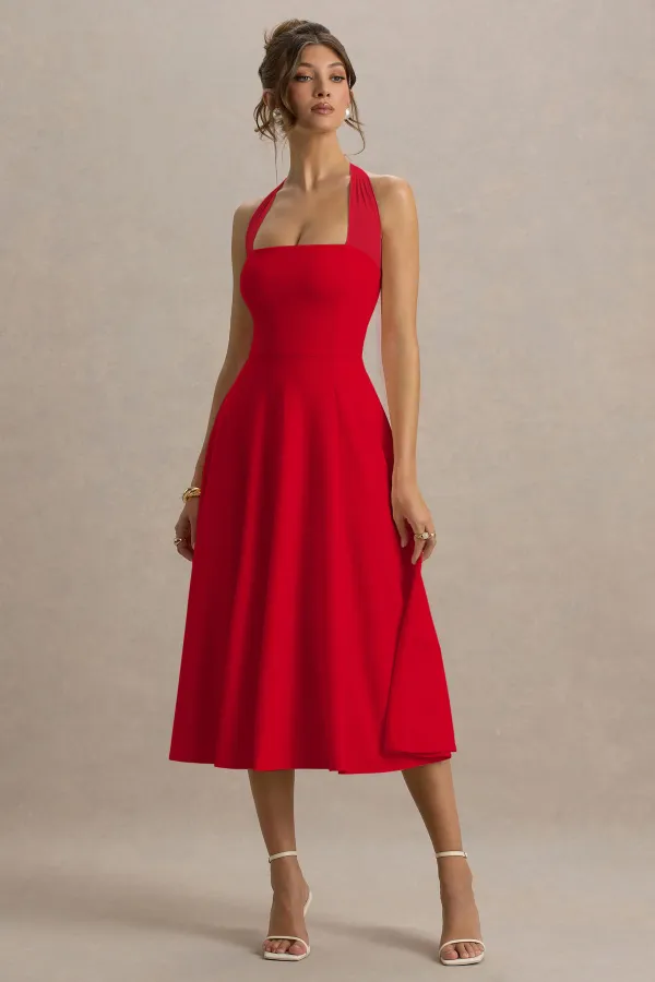 Red_Lycra_Halter_Neck_Fit_And_Flare_Midi_Dress_For_Women