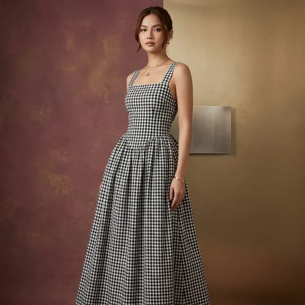 Black_White_Cotton_Gingham_Backless_A_Line_Maxi_Dress_For_Women