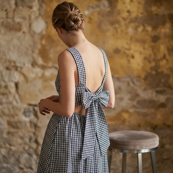 Black_White_Cotton_Gingham_Backless_A_Line_Maxi_Dress_For_Women