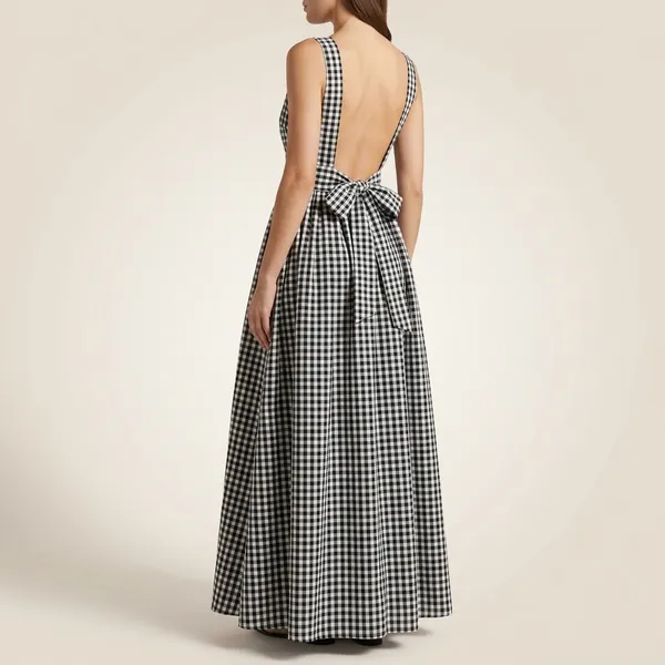 Black_White_Cotton_Gingham_Backless_A_Line_Maxi_Dress_For_Women
