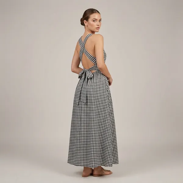 Black_White_Cotton_Gingham_Backless_A_Line_Maxi_Dress_For_Women