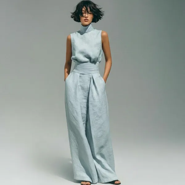 Powder_Blue_Linen_Sleeveless_High_Neck_Top_Wide_Leg_Pants_Set_For_Women