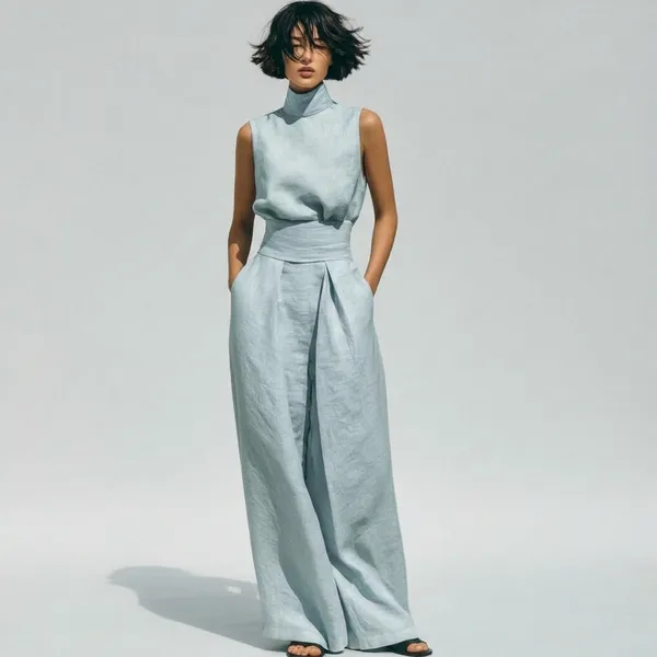 Powder_Blue_Linen_Sleeveless_High_Neck_Top_Wide_Leg_Pants_Set_For_Women