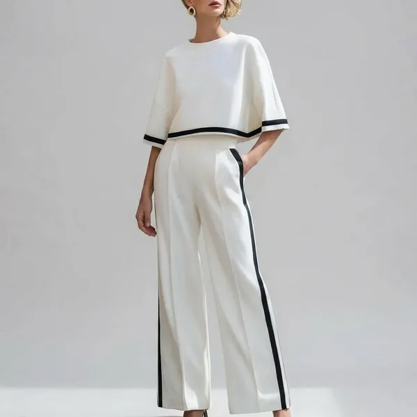 White_Crepe_Black_Trim_Cropped_Top_Wide_Leg_Trousers_Set_For_Women