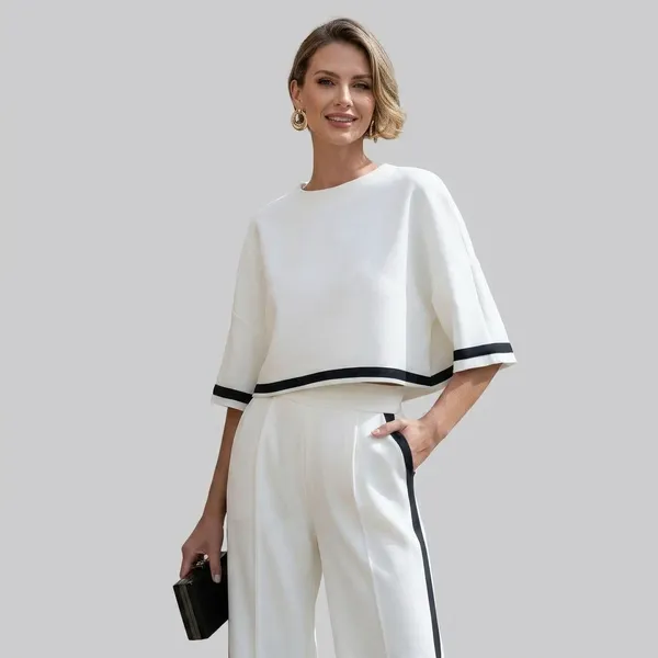 White_Crepe_Black_Trim_Cropped_Top_Wide_Leg_Trousers_Set_For_Women