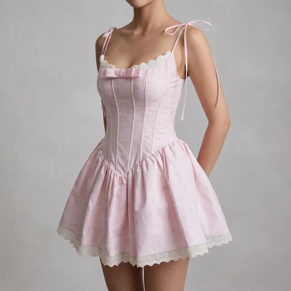 Pink_Cotton_Poplin_Corset_Style_Ruffled_Skirt_Dress_For_Women