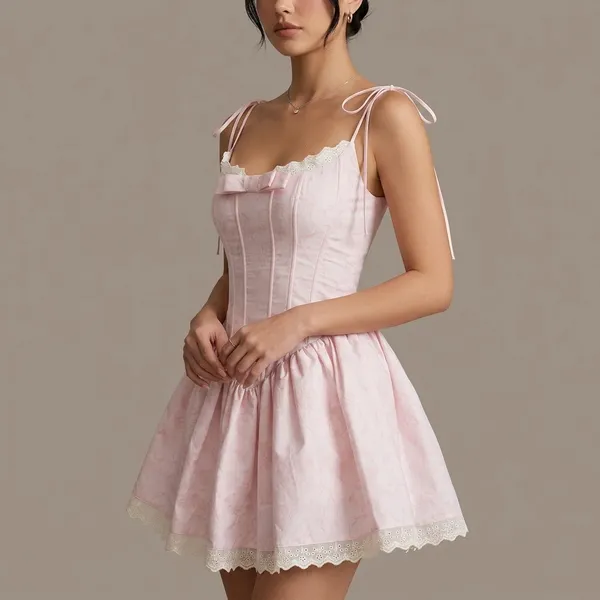Pink_Cotton_Poplin_Corset_Style_Ruffled_Skirt_Dress_For_Women