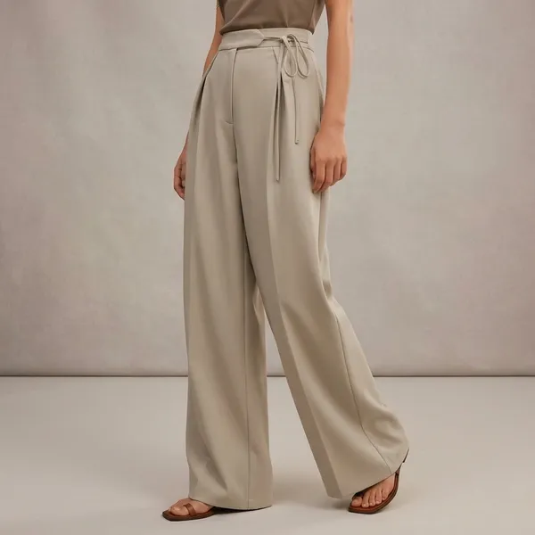 Beige_Cotton_Wide_Leg_Pleated_High_Rise_Trousers_For_Women