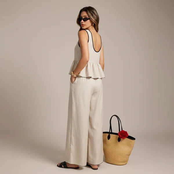 Off_White_Linen_Sleeveless_Peplum_Top_Wide_Leg_Pants_Set_For_Women