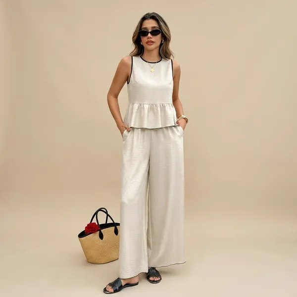 Off_White_Linen_Sleeveless_Peplum_Top_Wide_Leg_Pants_Set_For_Women