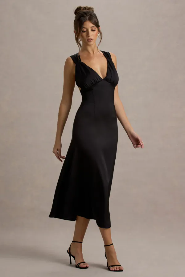 Black_Satin_Surplice_A_Line_Midi_Dress_For_Women
