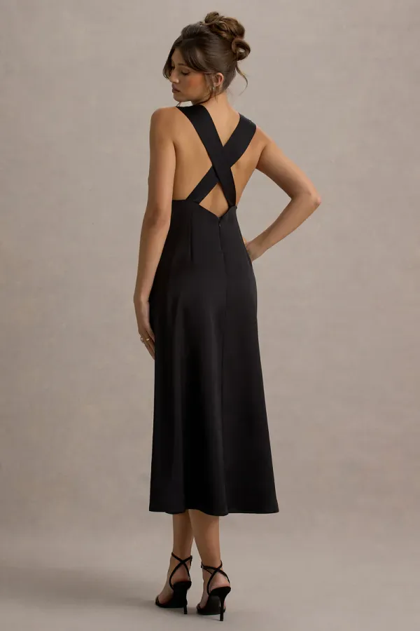 Black_Satin_Surplice_A_Line_Midi_Dress_For_Women
