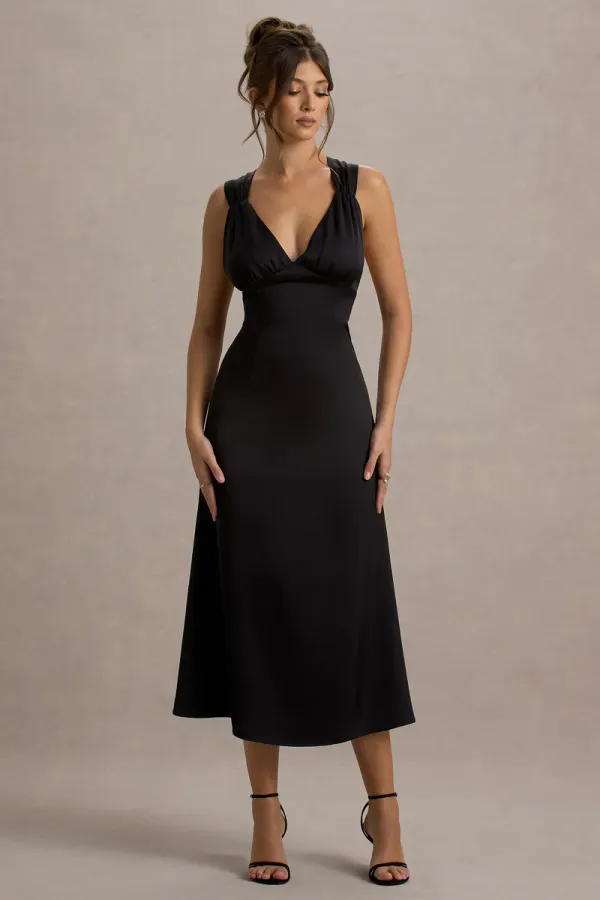 Black_Satin_Surplice_A_Line_Midi_Dress_For_Women