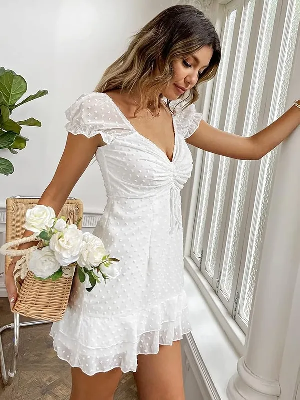 White_Swiss_Dot_Puff_Sleeve_Ruched_Mini_Dress