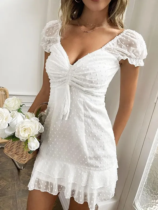 White_Swiss_Dot_Puff_Sleeve_Ruched_Mini_Dress