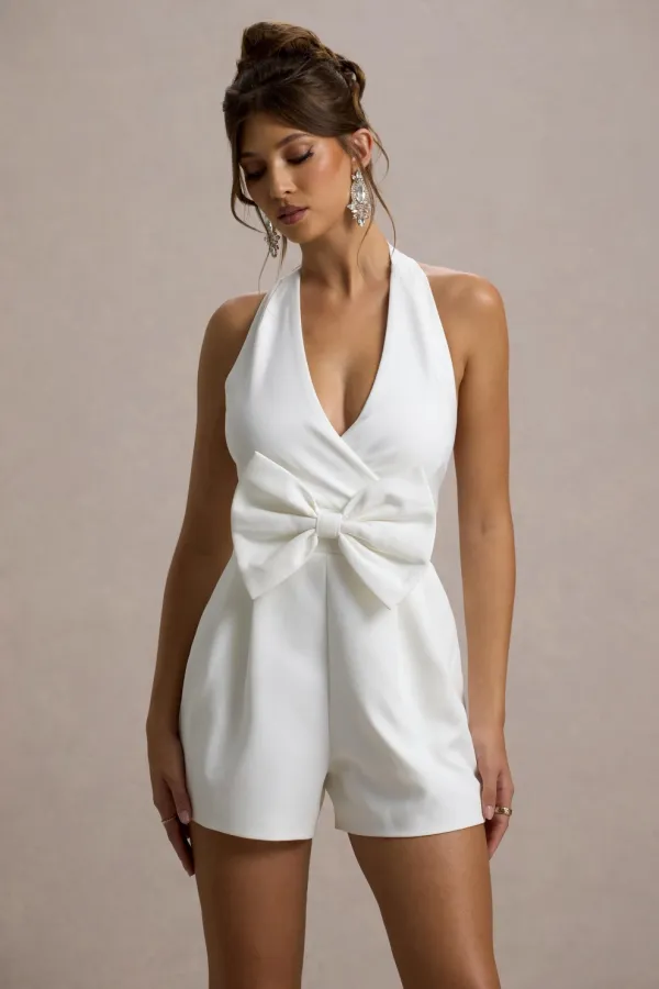 White_Cotton_Satin_Halter_Neck_Bow_Detail_Romper_For_Women