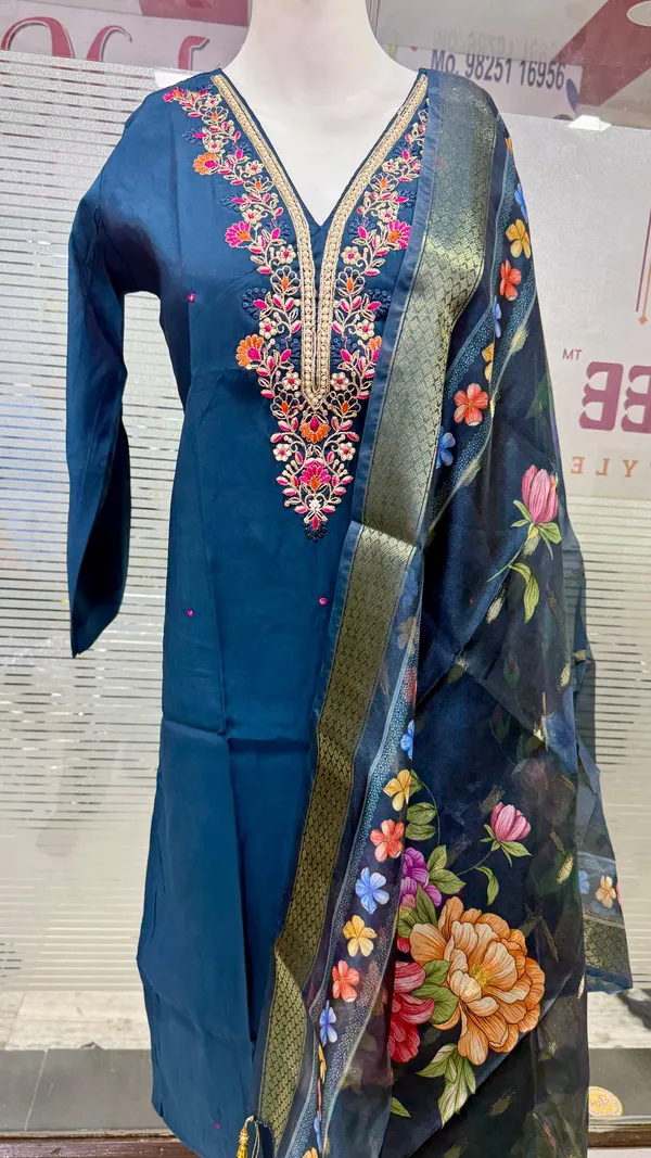 Blue_Top_Roman_Duptta_Print_Jecard_Straight_Floral_Embroidered_And_Hand_Work_Kurta_Set_For_Women