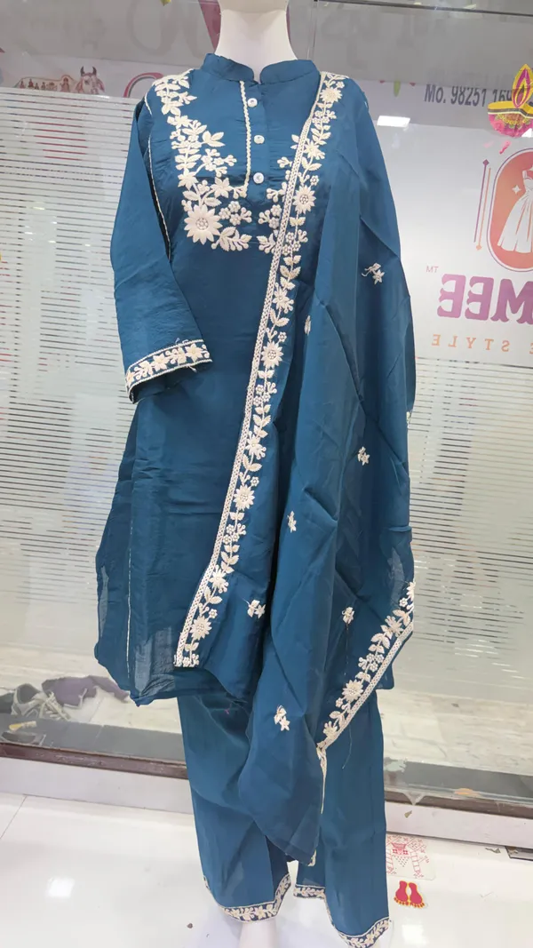 Blue_Top-Dupatta_Mal_Chanderi_Bottom_Roman_Inner_Cottan_Straight_Embroidered_Kurta_Set_For_Women