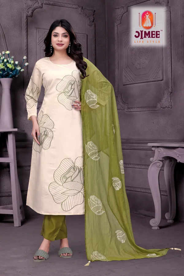 Cream_And_Mehndi_Green_Top-Bottam__Roman_Dupatta_Mal_Chanderi_Mehndi__Inner_Cottan_Straight_Floral_Embroidered_Kurta_Set_For_Women