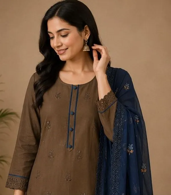 Brown_And_Blue_Top-Dupatta_Mal_Chaneri_Bottom_Roman_Inner_Cotton_Straight_Embroidered_Kurta_Set_For_Women