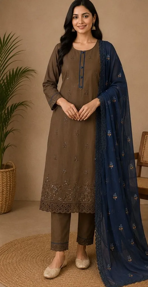 Brown_And_Blue_Top-Dupatta_Mal_Chaneri_Bottom_Roman_Inner_Cotton_Straight_Embroidered_Kurta_Set_For_Women