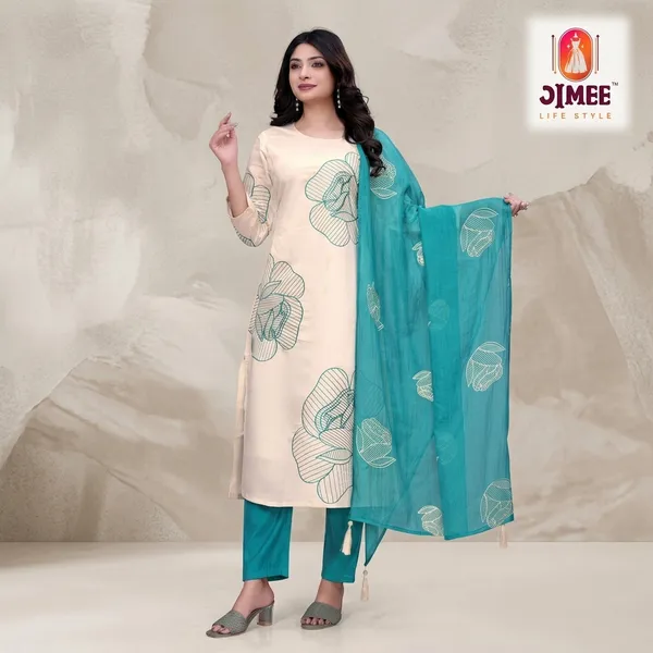 Cream_And_Rama_Blue_Top_Bottom_Roman_Dupatta_mal_chanderi_Inner_Cotton_Straight_Floral_Embroidered_Kurta_Set_For_Women