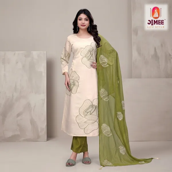 Cream_And_Mehndi_Green_Top-Bottam__Roman_Dupatta_Mal_Chanderi_Mehndi__Inner_Cottan_Straight_Floral_Embroidered_Kurta_Set_For_Women