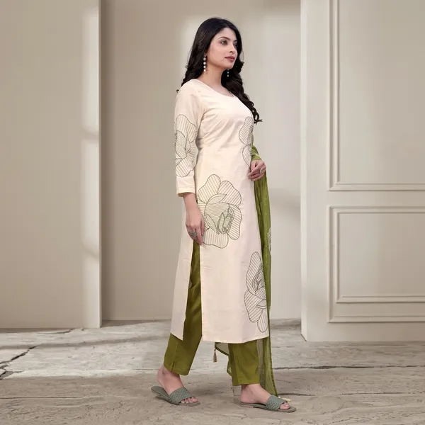 Cream_And_Mehndi_Green_Top-Bottam__Roman_Dupatta_Mal_Chanderi_Mehndi__Inner_Cottan_Straight_Floral_Embroidered_Kurta_Set_For_Women