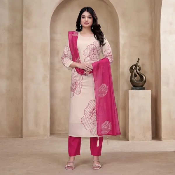 Cream_And_Rani_Top_Bottam_Roman_Inner_Cotton_Straight_Floral_Embroidery_Work_Kurta_Set_For_Women