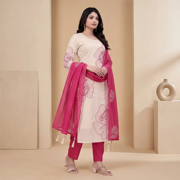 Cream_And_Rani_Top_Bottam_Roman_Inner_Cotton_Straight_Floral_Embroidery_Work_Kurta_Set_For_Women