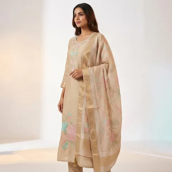 Beige_Top_Bottam_Roman_Duptta_Jecard_Print_Inner_Cottan__Straight_Floral_Embroidered_Kurta_Set_For_Women