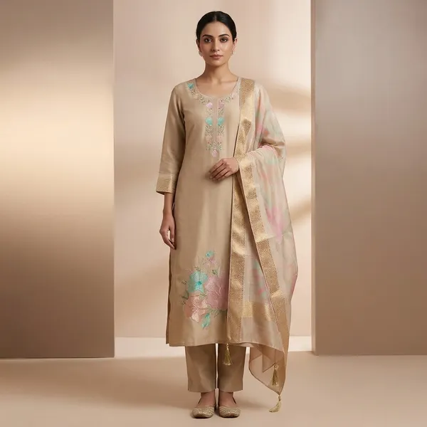 Beige_Top_Bottam_Roman_Duptta_Jecard_Print_Inner_Cottan__Straight_Floral_Embroidered_Kurta_Set_For_Women