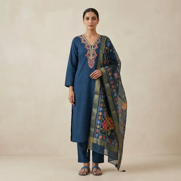 Blue_Top_Roman_Duptta_Print_Jecard_Straight_Floral_Embroidered_And_Hand_Work_Kurta_Set_For_Women