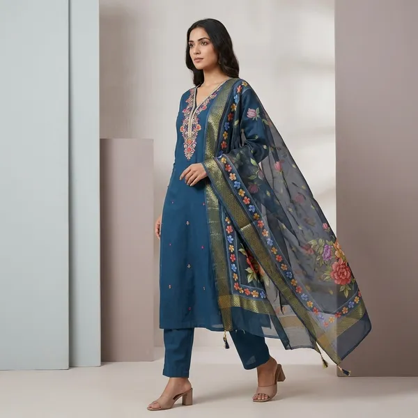 Blue_Top_Roman_Duptta_Print_Jecard_Straight_Floral_Embroidered_And_Hand_Work_Kurta_Set_For_Women