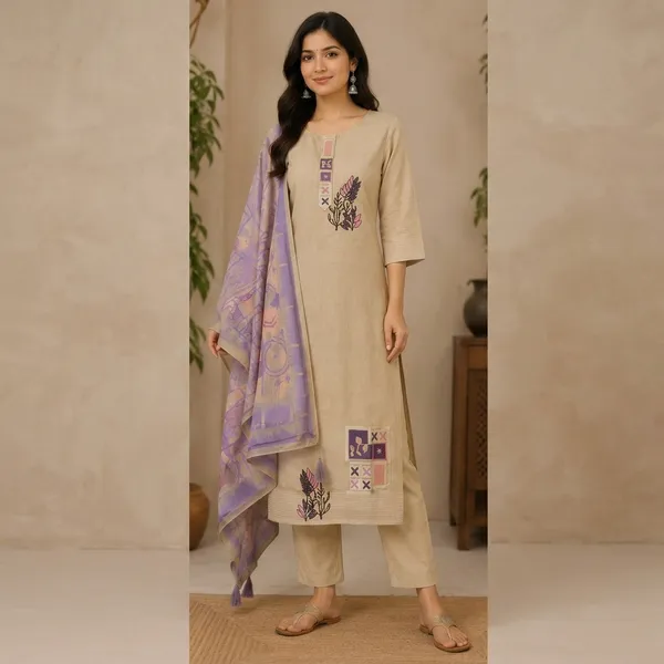 Beige_Jamdani_Cotton_Duptta_Jecard_Straight_Embroidered_Kurta_Set_For_Women