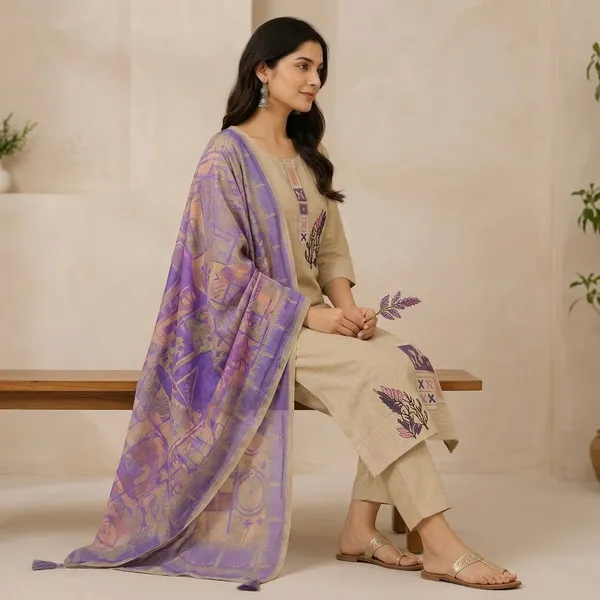 Beige_Jamdani_Cotton_Duptta_Jecard_Straight_Embroidered_Kurta_Set_For_Women