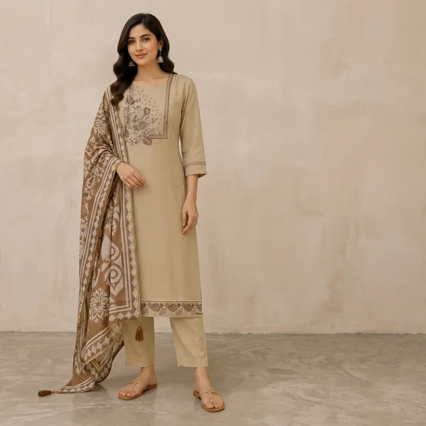 Beige_Jamdani_Cotton_Straight_Embroidered_Kurta_Set_For_Women