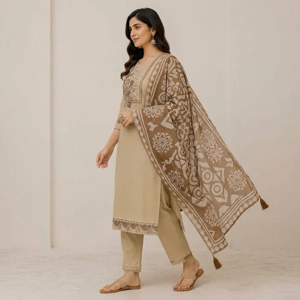 Beige_Jamdani_Cotton_Straight_Embroidered_Kurta_Set_For_Women