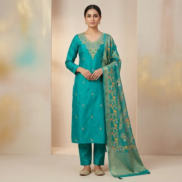 Turquoise_Top-Bottam_Roman_Duptta_Jecard_Print__Inner_Cottan__Relaxed_Embroidered_And_Hand_Work_Salwar_Suit_Set_For_Women