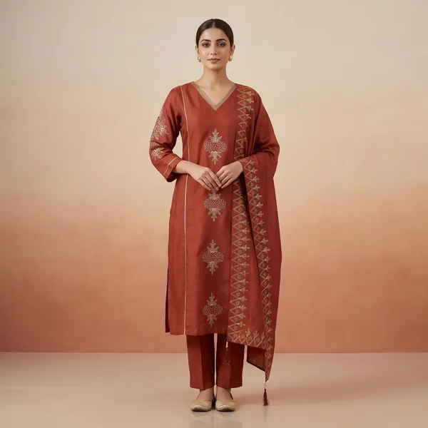Rust_Orange_Top-Dupatta_Mal_Chaneri__Bottom_Roman_Inner_Cottan_Straight_Floral_Pitta_Work_Kurta_Set_For_Women